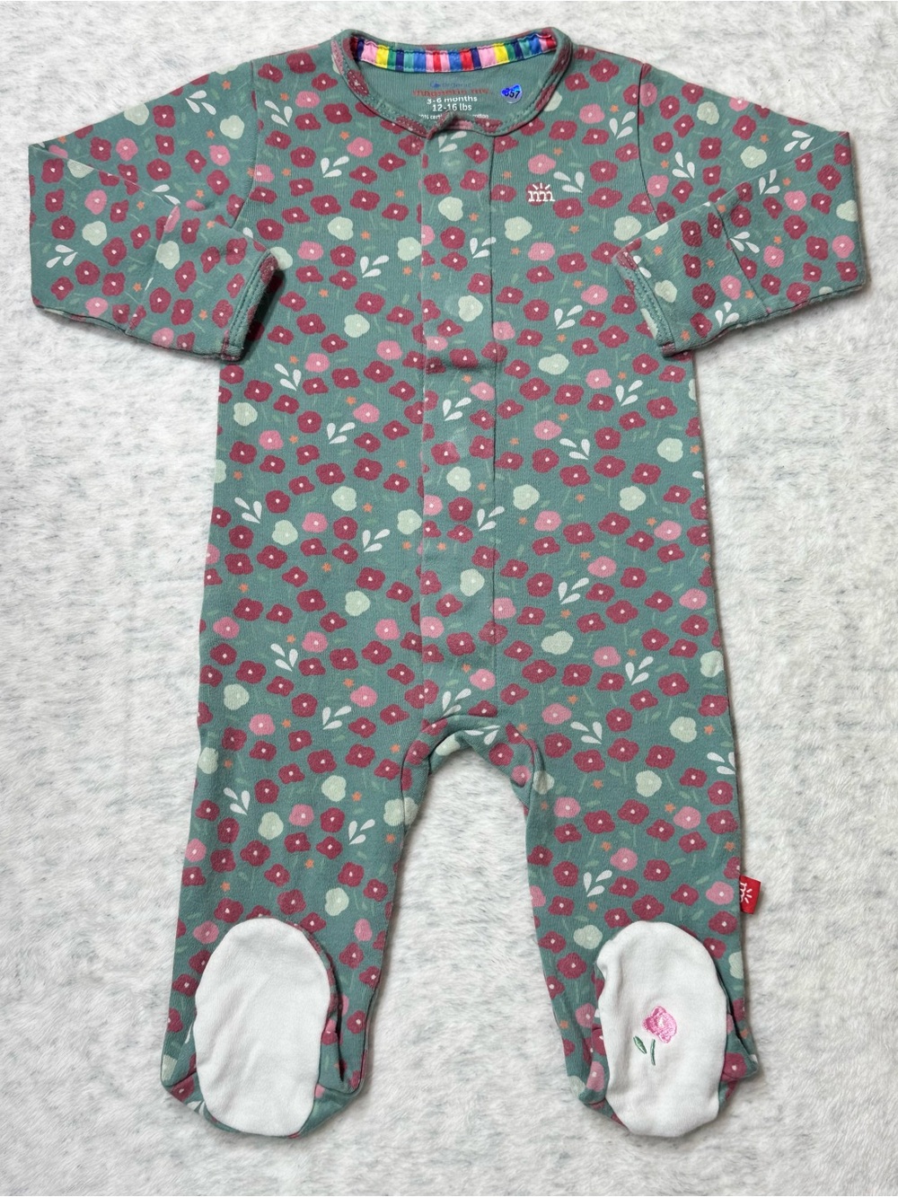 Magnetic Me Green Pink Floral Footie Sleeper 3-6M Baby Girl Organic Cotton Bloom